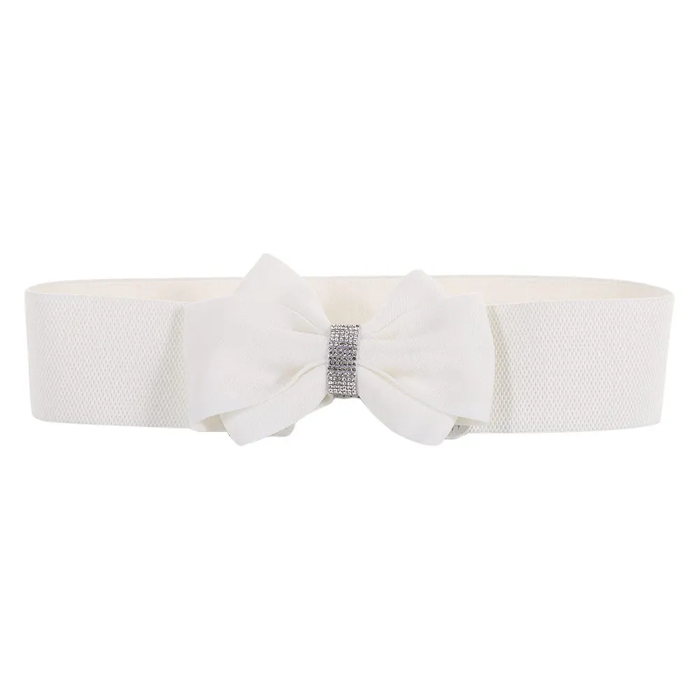 Adjustable Buckle Women's Elastic Wide Belt Plus Size Solid Color Elastic Bow Belt Rhinestone Stretch Belt for Dress Jeans