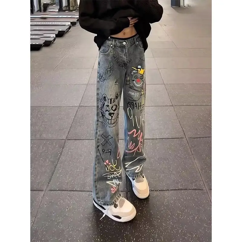

Vintage Graffiti Blue Jeans for Men, American Street Style Autumn Winter Slim Fit High-Quality Denim Pants Casual Men's Clothing
