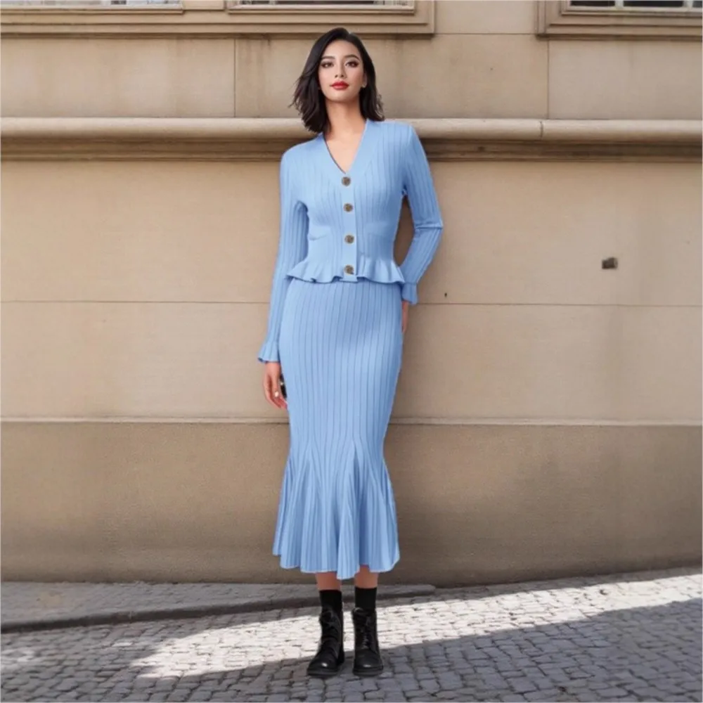 

Ruffle V-neck Top Skirt Two-piece Spring Long-sleeved Cardigan Hip-covering Fishtail Long Skirt Knitted Two-piece Suit For Women