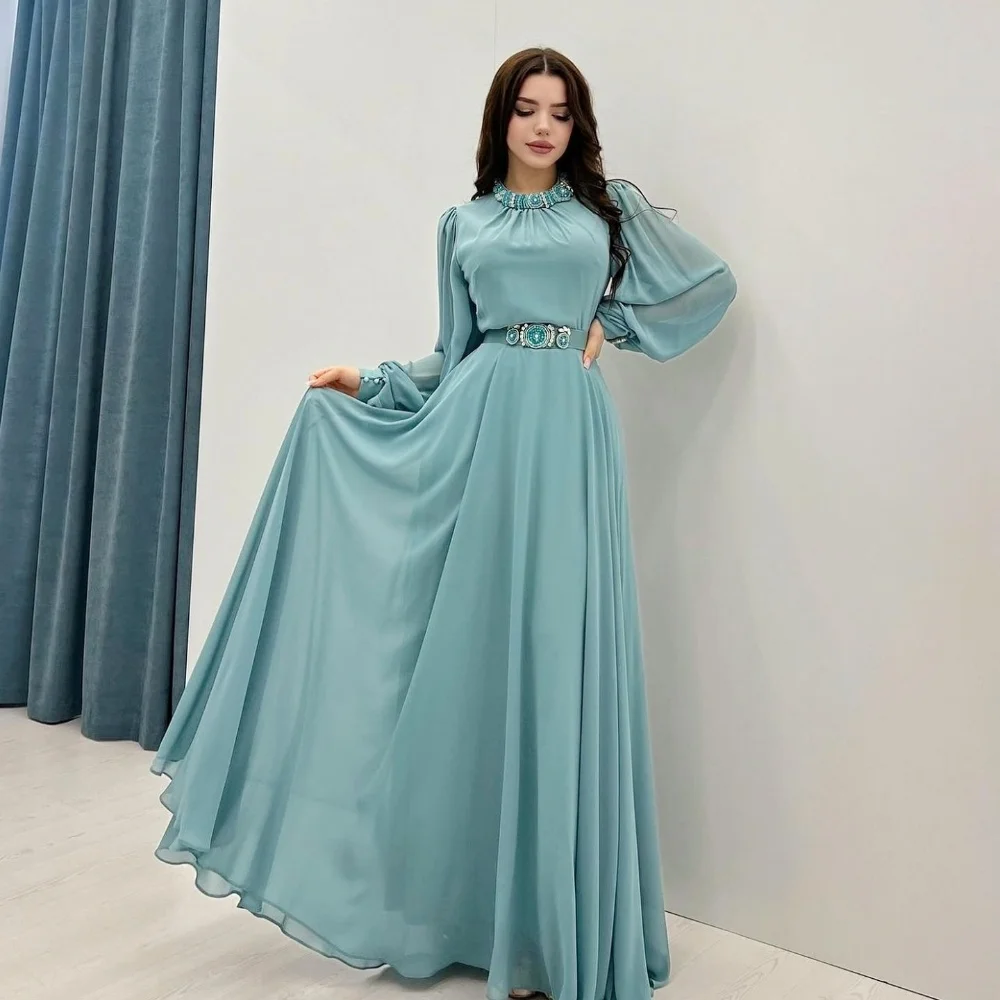 

Casual Chiffon Sequined Sash Ruched A-line High Collar Long Dresses Evening Dresses Simple Retro Fashion Elegant Exquisite Sexy