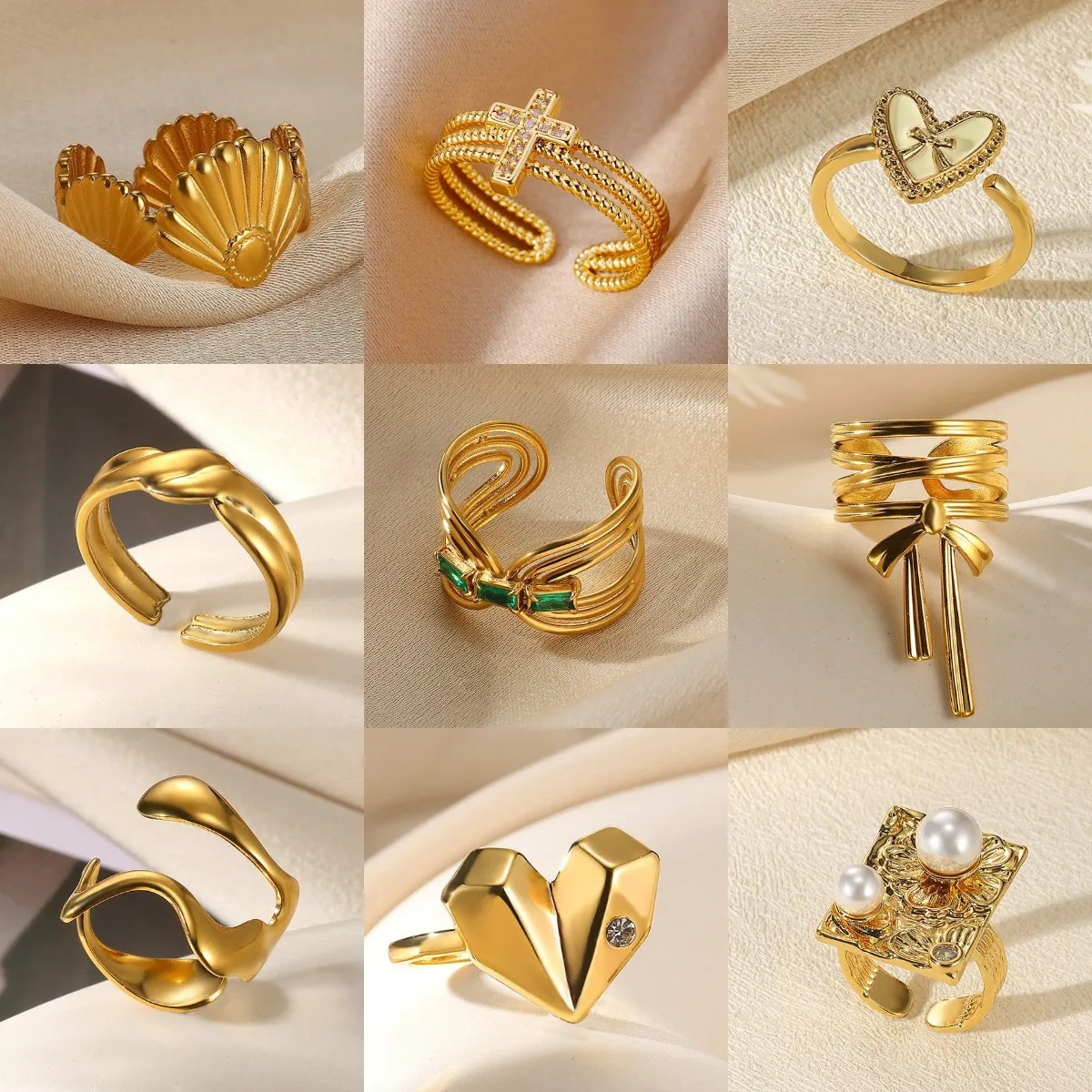 Gold Farbe Kupfer Zirkon Kreuz Ringe Für Frauen Klassische Unregelmäßige Geometrische Perle Wasserdichte Ringe Schmuck Kostenloser versand