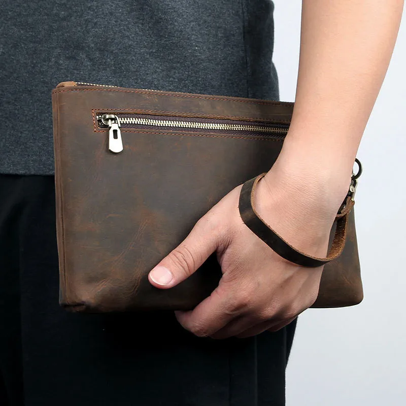 Long Retro Top Layer Cowhide Leather Handheld Wallet for Men Large Capacity Simple Design Business Bag Money Clip