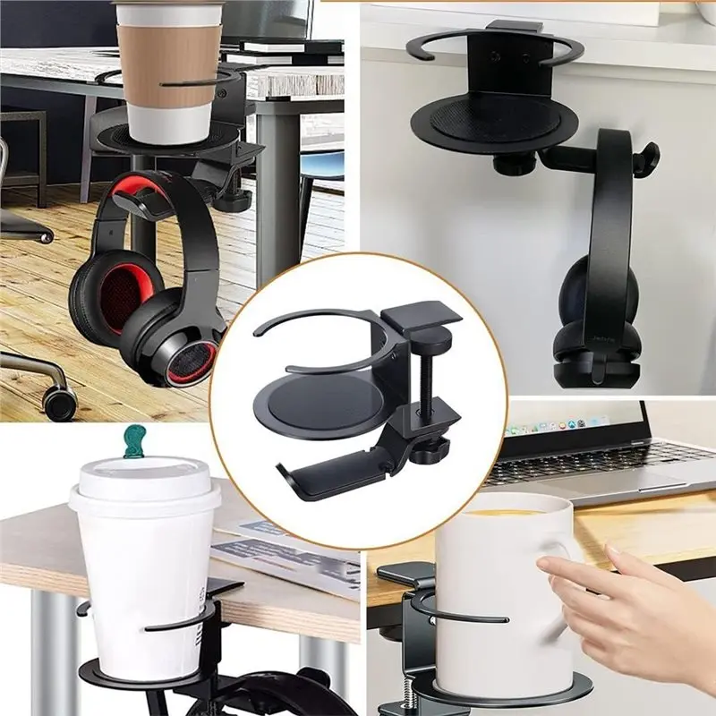 CJSD-360 Degree Rotating Iron Cup Holder, No-Drill Desk Edge Clamp, Multi-Functional Earphone&Water Cup Stand Metal Organizer