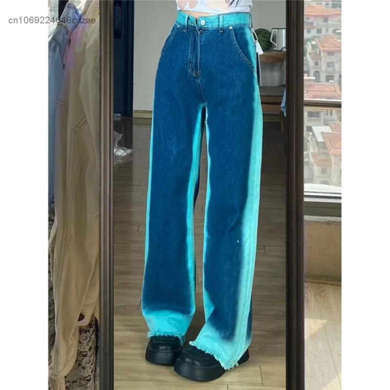 New Fashion Tie Dye Raw Hem Jeans Women's Oversized High Waist Straight Tube Trousers Streetwear Y2k Wide Leg Pants Luxury Jeans