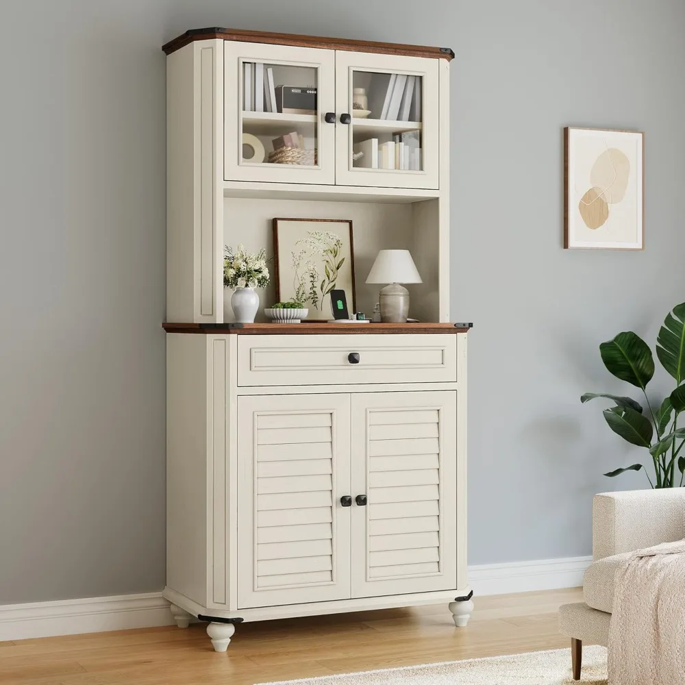 خزانة تخزين مخزن المطبخ مقاس 67 بوصة، وخزانة بوفيه المزرعة مع حامل ميكروويف، وبار قهوة مع أبواب ودرج مصاريع، ومطبخ