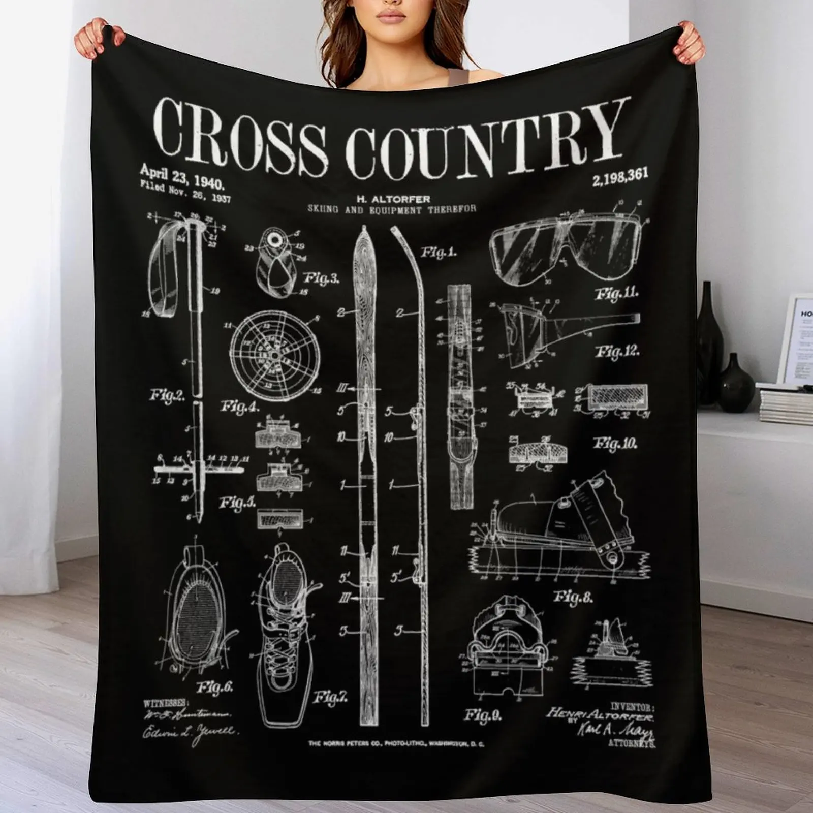 Cross Country Nordic Skiing Ski Vintage Patent Skier Print Throw Blanket Hair halloween Plush Plaid on the sofa Blankets