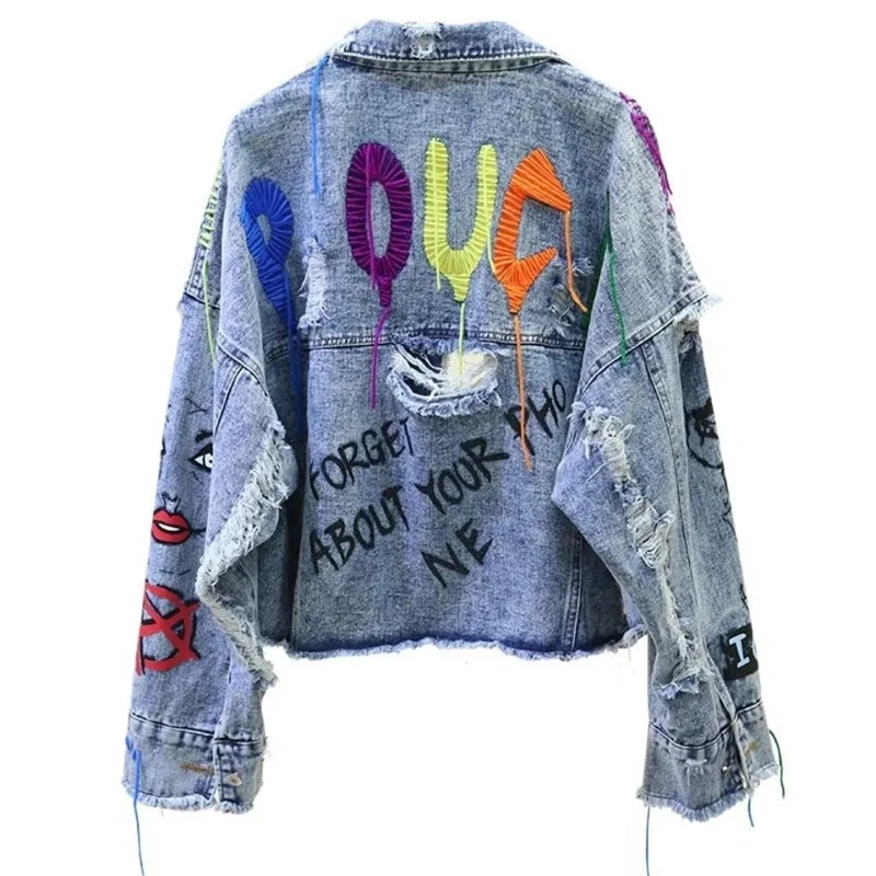 Chaqueta vaquera con remaches y cuentas para mujer, chaqueta vaquera con estampado de grafiti y letras con borlas, informal, con agujeros, para primavera y otoño, JJ584
