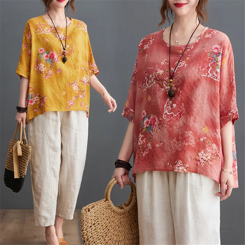 

Ethnic Printed Cotton And Linen Half-Sleeve T - Shirt Large Size Women's Round Collar Thin Style with Fat Flax Floral Jacket