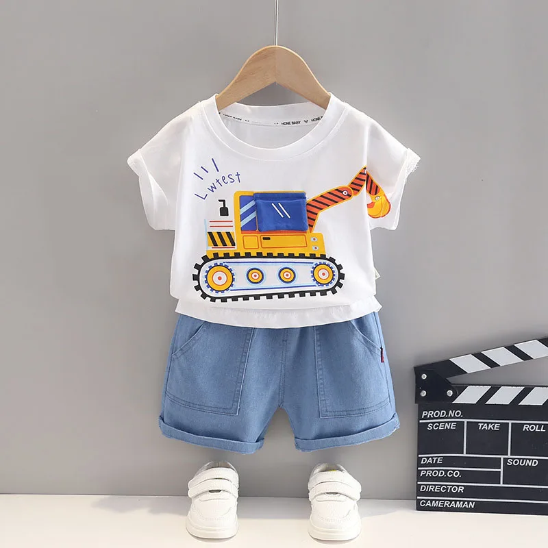 Summer Toddler Boy Clothing Korean Kids Clothes Casual Cartoon Cotton Short Sleeve Baby Tops+Denim Shorts Children Sets B068 3