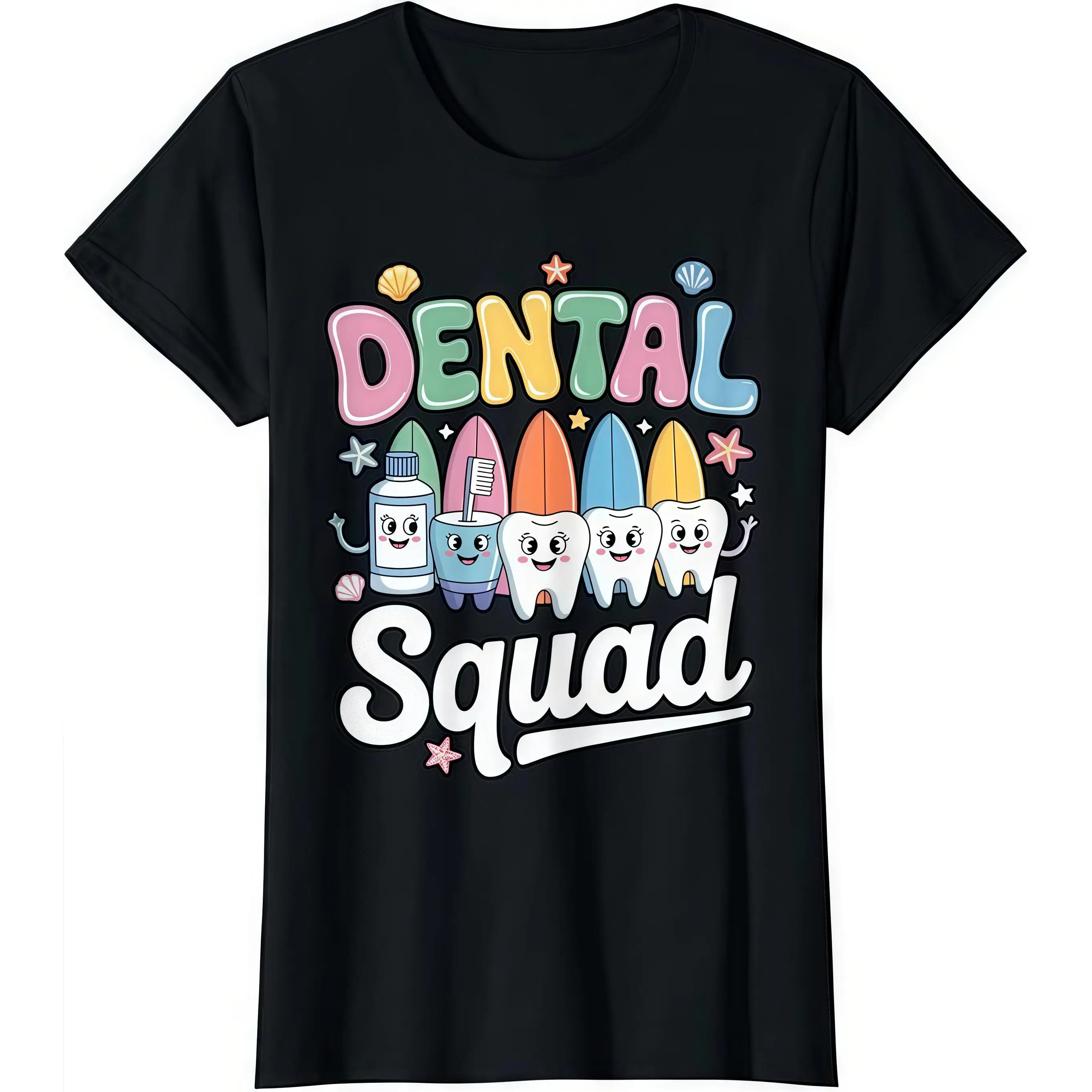 

Women's Funny Dental Squad T-Shirt Cute Teeth Toothpaste Surfing Graphic Tee Dental Assistant Hygienist Gift