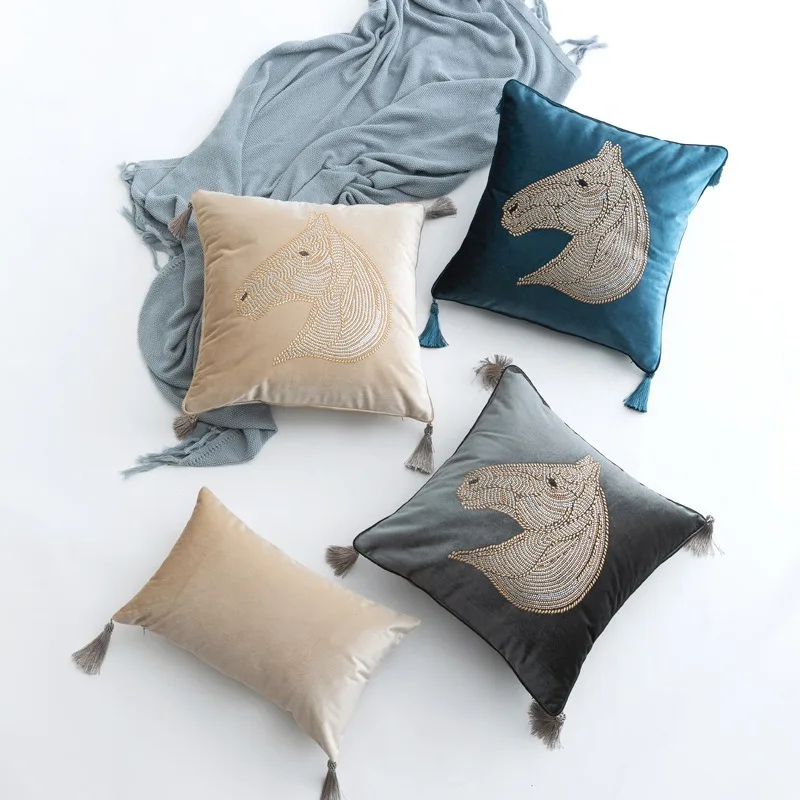 

European Velvet Rhinestone Horse Head Wrapped Fringe Sofa Cushion, Bedroom Headboard Pillow 45x45cm