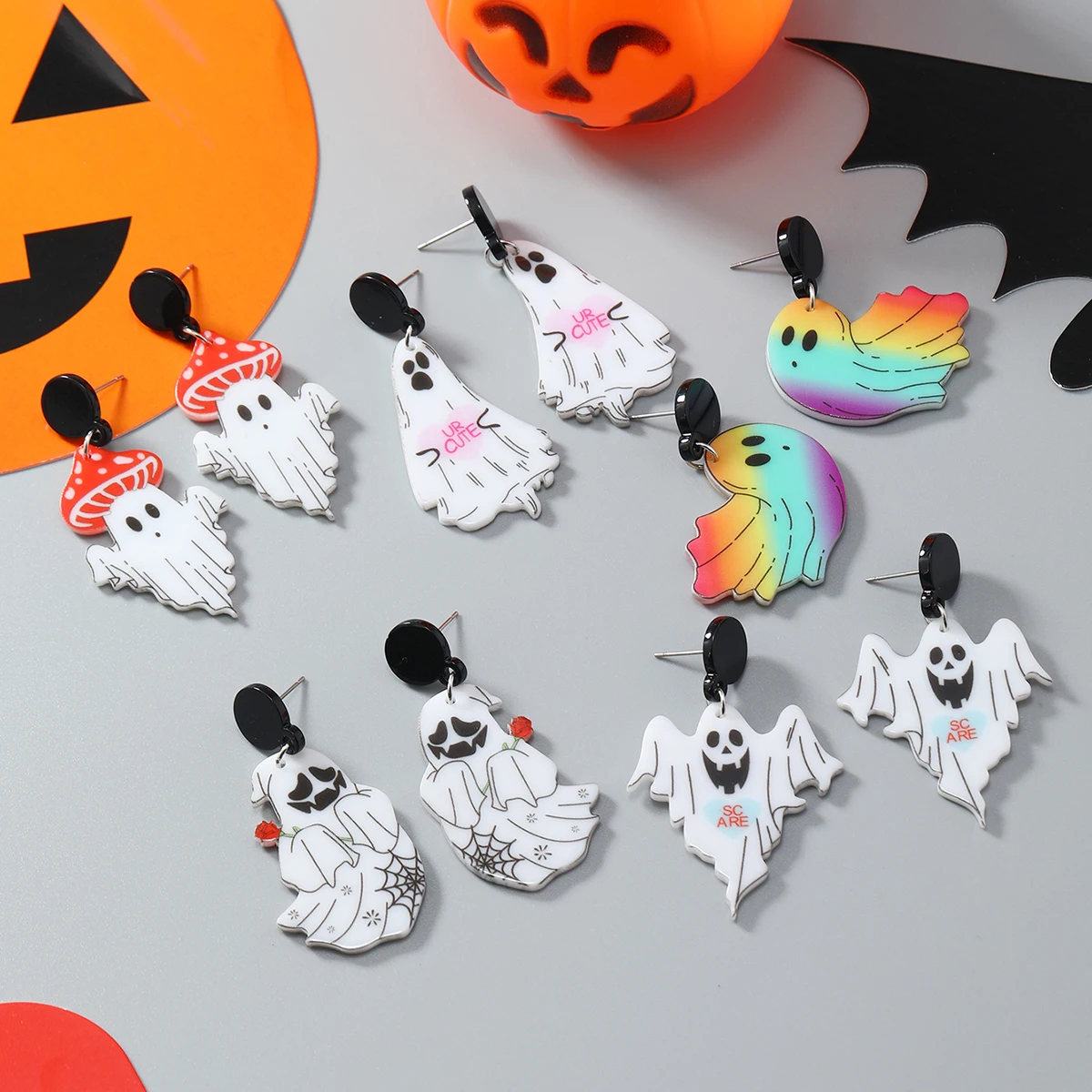 1 pair of Halloween Ghost Earrings, Colorful and Cute Girl Heart, Mushroom Head, Ghost Personality Earrings, Unique Acrylic Earr