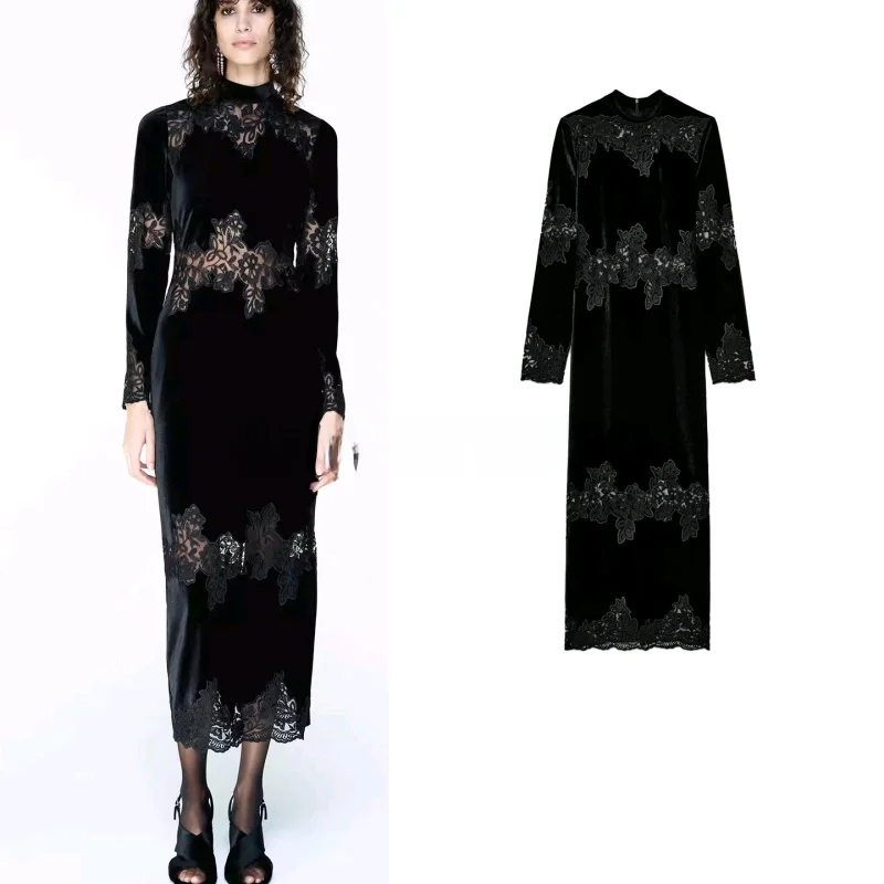 

Spring New Arrival Women's High Collar Long Sleeve Lace Splice Midi Dress Casual A-Line Silhouette Polyester Fabric Gown