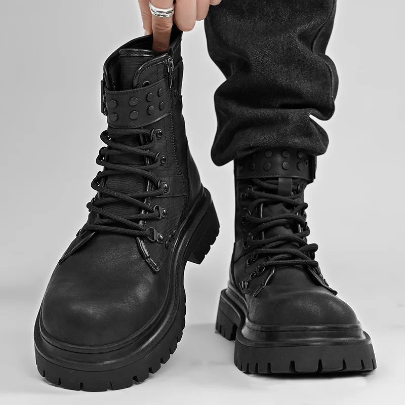 British style men's fashion original leather boots black trendy platform shoes cowboy tooling work boot handsome ankle botas man