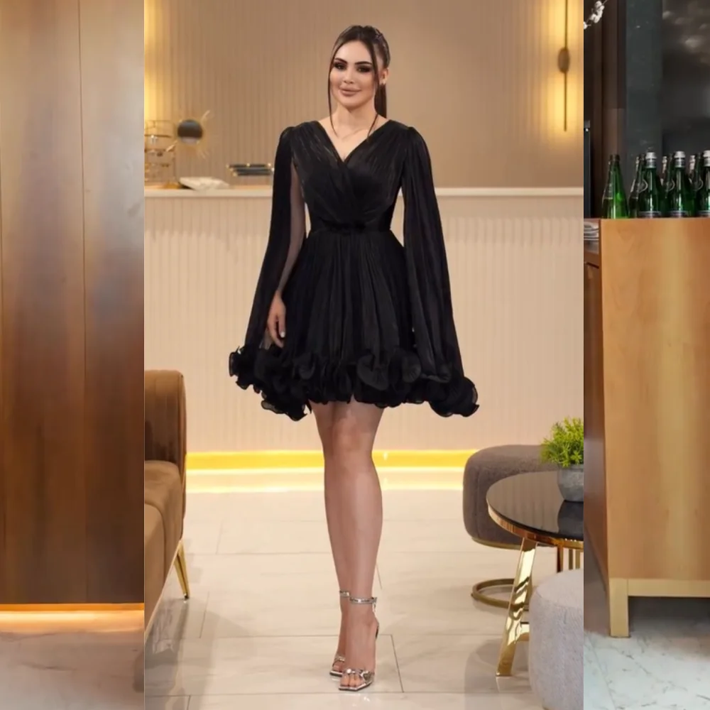 Customized Sexy Chiffon Pleat Ruched  A-line V-neck Mini Dresses Bespoke Occasion Modern Style Pastrol Casual