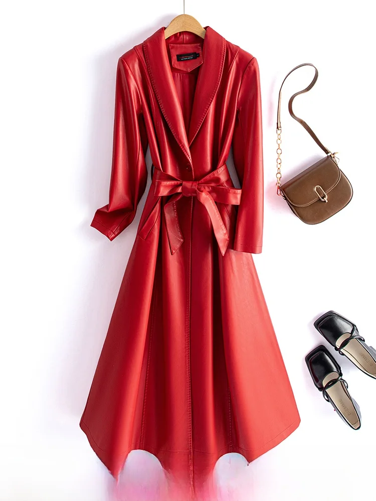 

Женское приталенное кожаное пальто-ветровка из овчины с поясом, средней длины, с длинными рукавами, весна-осень 2025