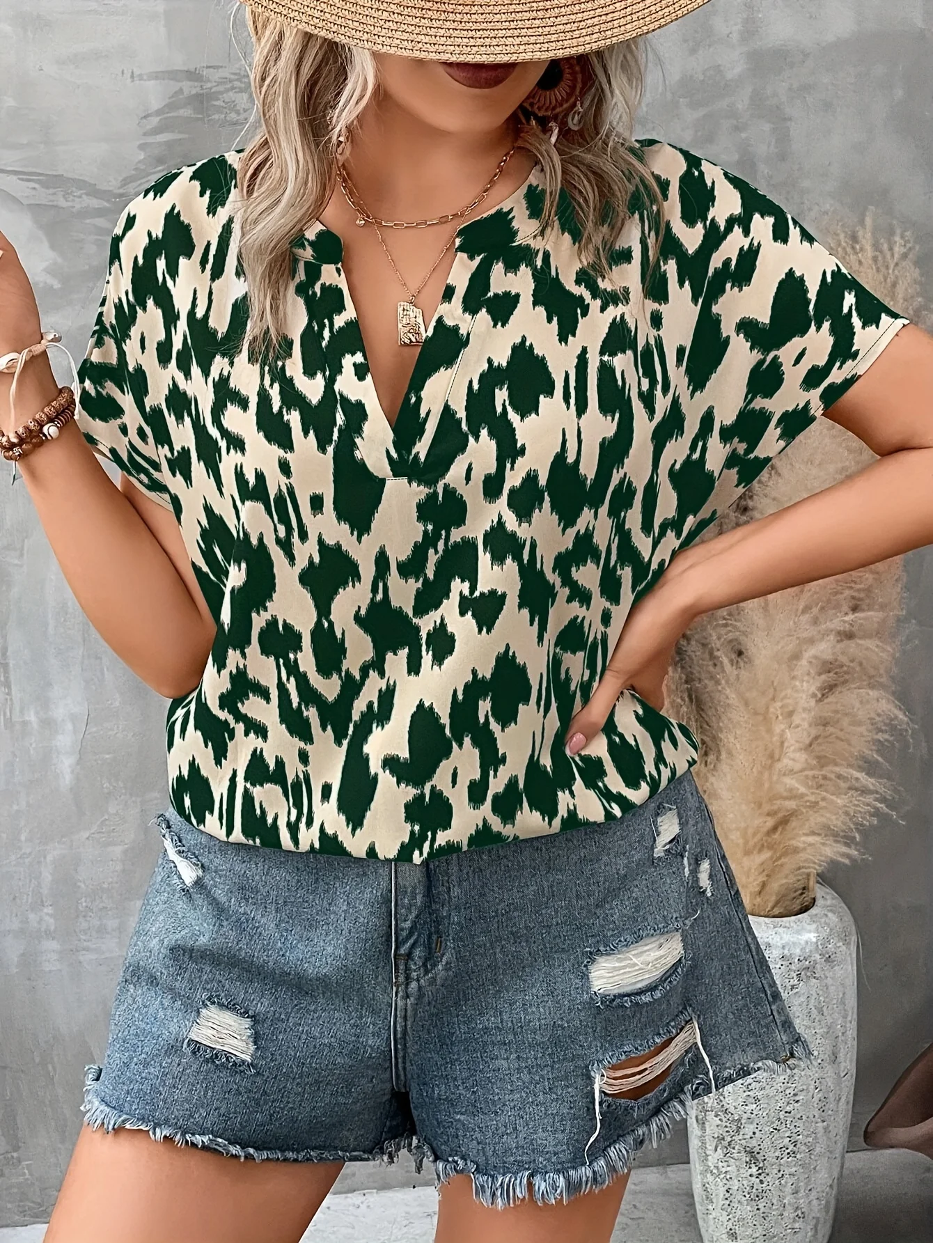 Summer Clothing Office - Dames Plus-Size Geprinte V-hals Blouse –