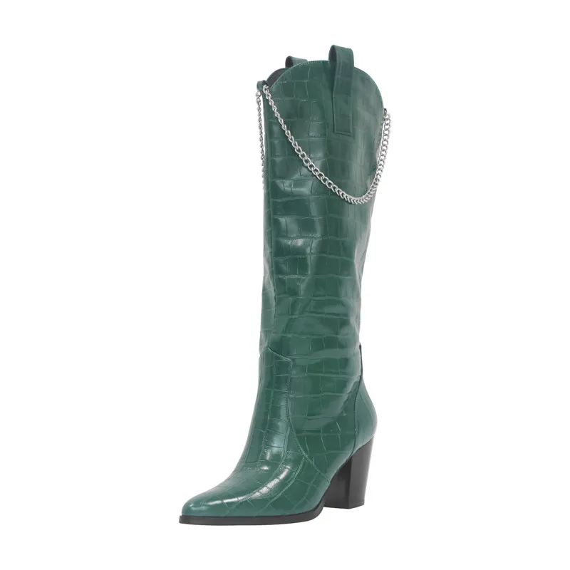 Onlymaker Women Pointed Toe Green Knee High Boots Western Cowboy Boots Wide Calf Block Heel Pull-On Cowgirl Booties