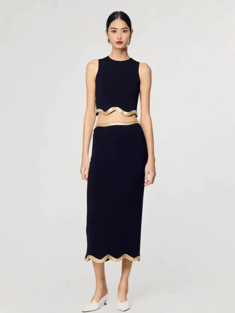 CHUJIE Women's Dress Set 2025 Spring/Summer New Wave Pattern Hot Diamond Black Round Neck Slim Look Sleeveless Top Skirt Set