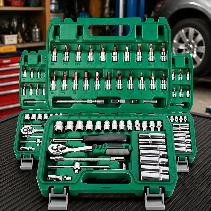 Image of 46-teiliges Autoreparaturset mit grünen Ratschenwerkzeugen für die Fahrzeugwartung