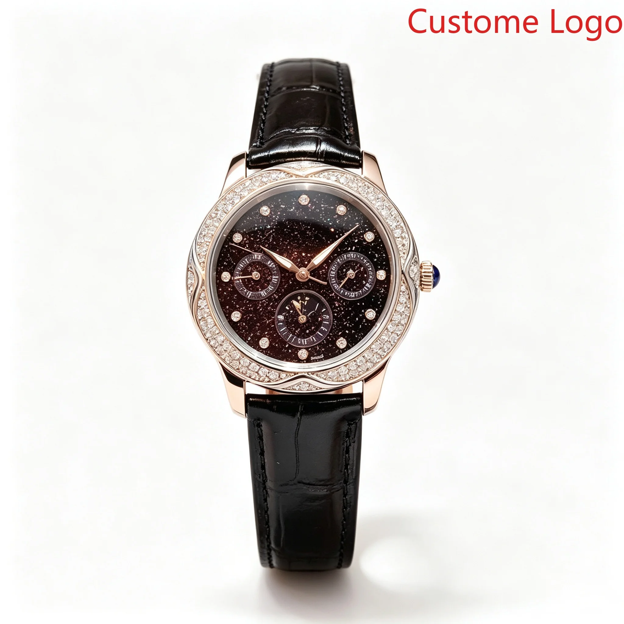 Women Starry Sky Dial Wristwatch Full Diamond Bezel Moon Phase Multifunction Chronograph Quartz Watch Black Crocodile Leather Band Luxury Ladies Dress Watch