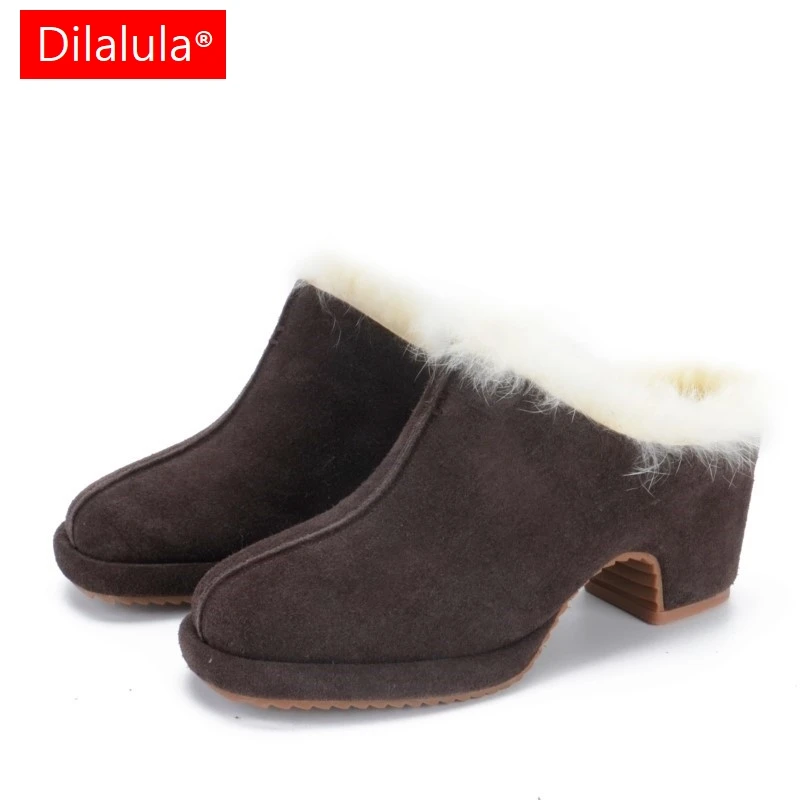 

Dilalula 2026 Fashion Cow Suede Winter Mules Women Covered Toe Rabbit Fur Inside High Chunky Heels Warm Slippers lady's Shoes