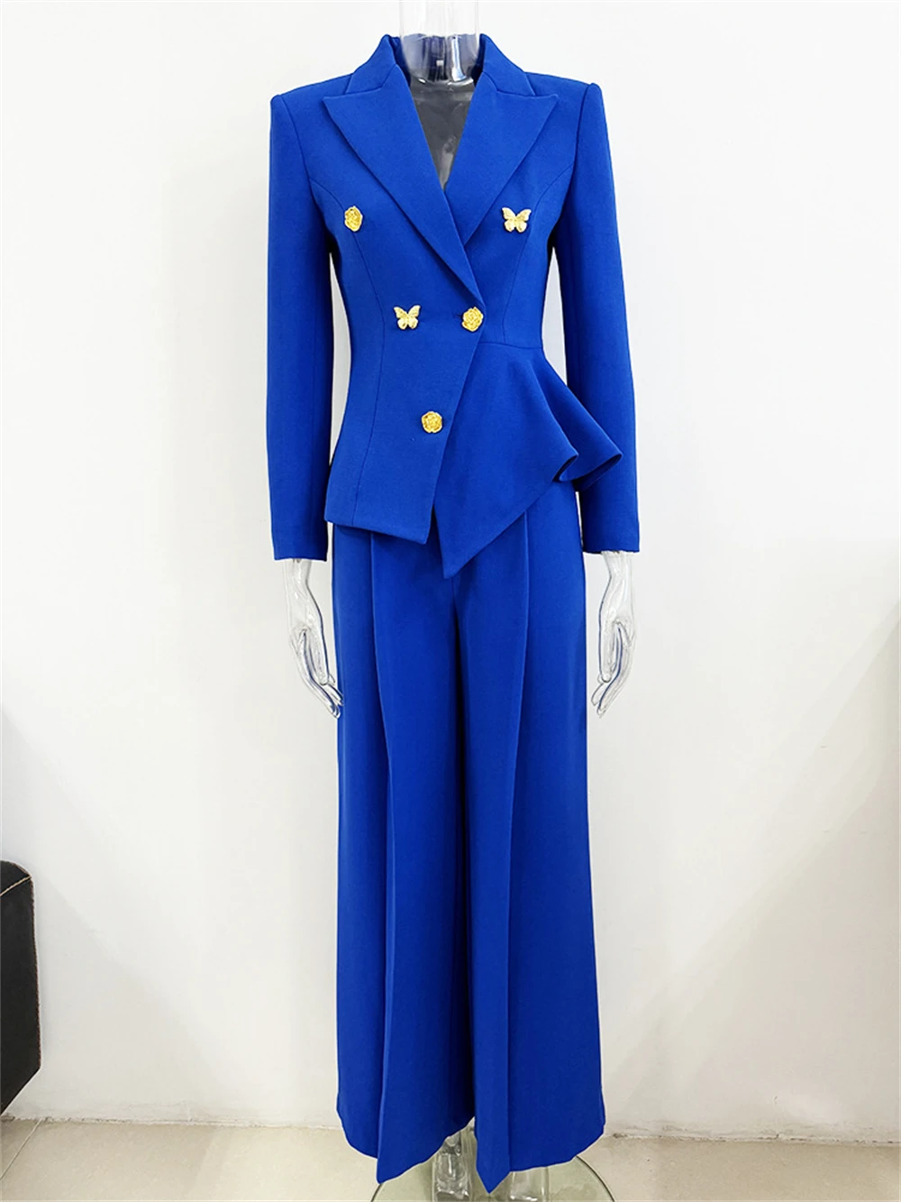 Royal Blue Women\'s Suit Set With Butterfly Rose Shaped Metal Button Wide Leg Pant Slim Fitting Jacket Women Tuxedo