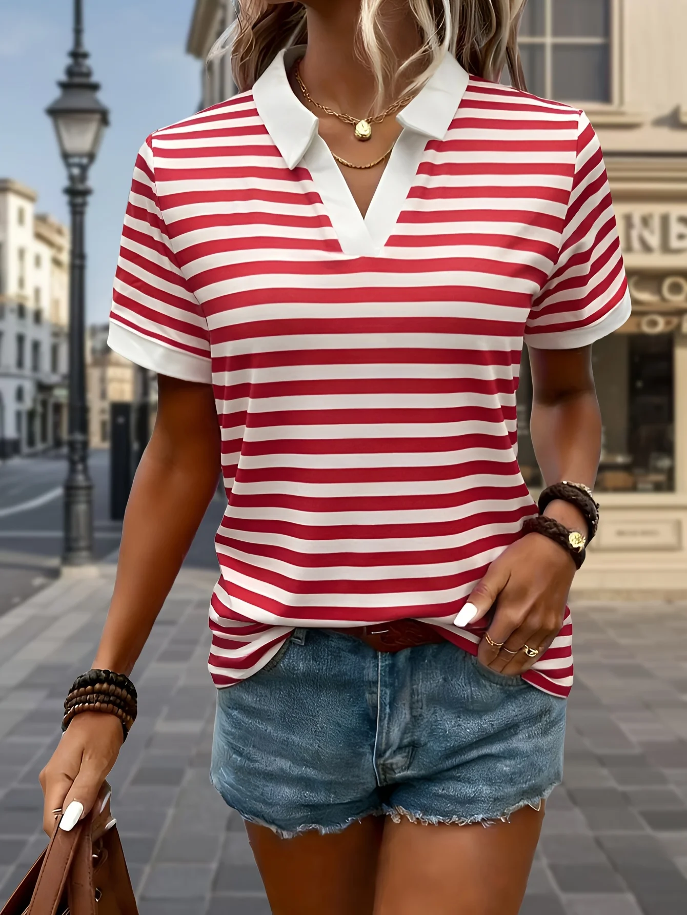 New Fashion Color Block Lapel Polo Tee Women Short Sleeve V Neck Loose T-shirt Elegant Daily Outfit Casual Office Shirts image 5