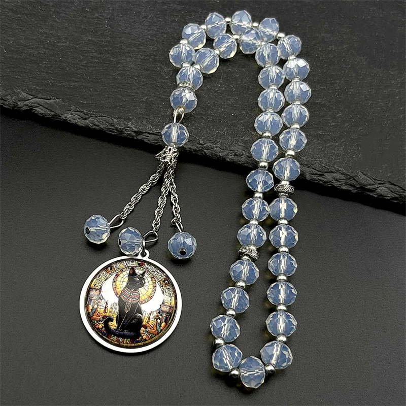 

Vintage Egyptian Black Cat Goddess Bastet Car Pendant Stainless Steel Gold Silver Color Ancient Egypt Amulet Glass Chain Jewelry