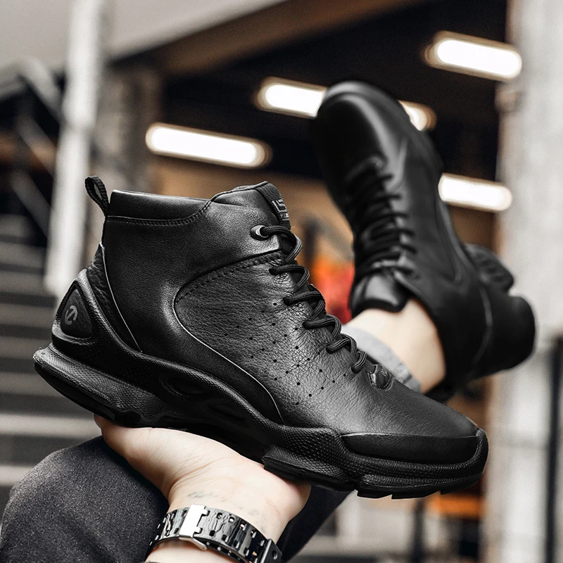 

Man Casual Sports Sneakers Black High Top Upper Shoes Leather Cowhide Shoes Arch Support Walking Shoes