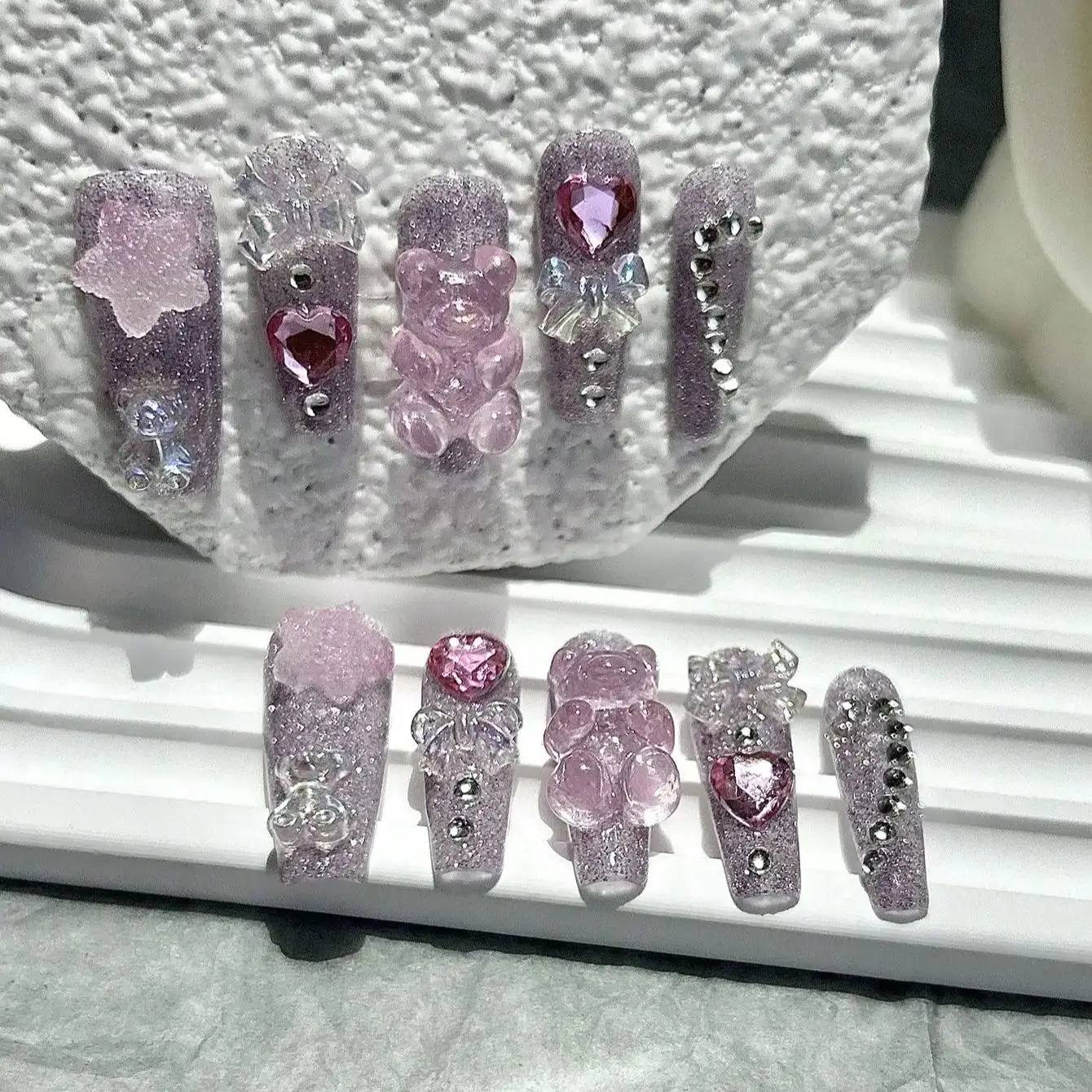 Cartoon Cute Pink Smoothie Nail Art Bow Bear Star Bling Fake Nails Pink Sweet Girly Girl Handmade Wear Nails