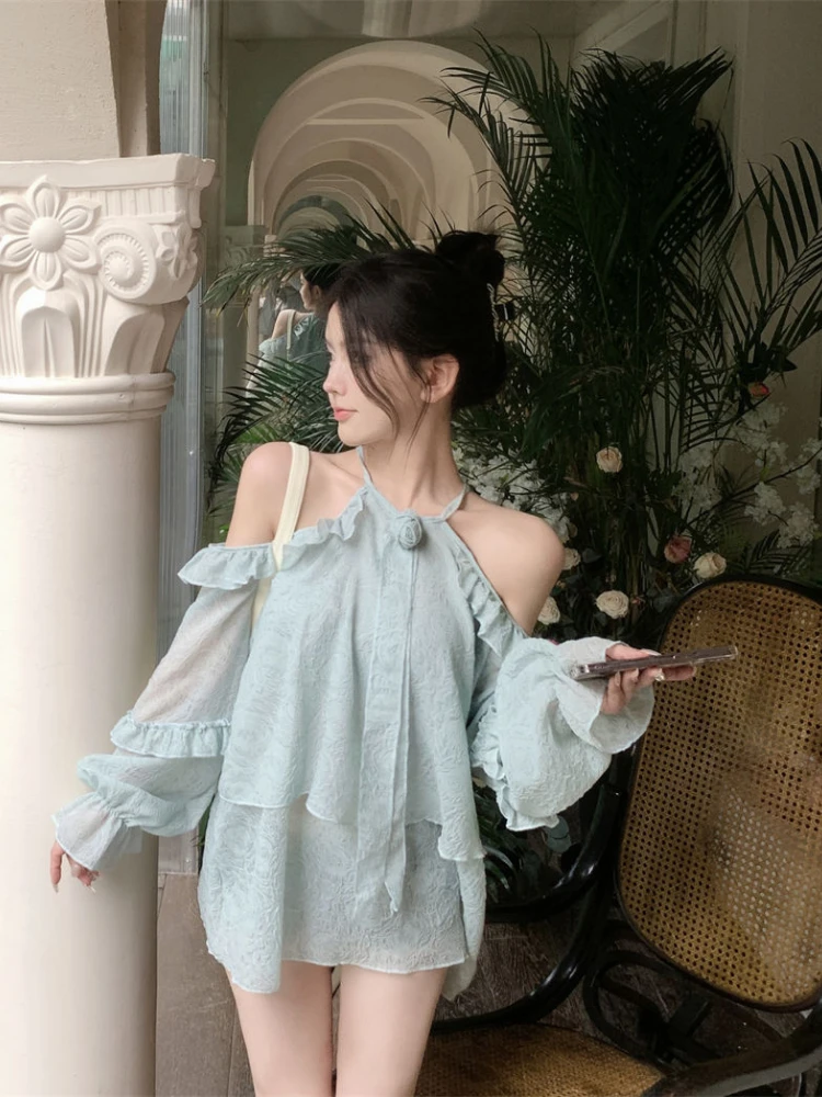 Summer Hollow Out Blouse Loose Halter Shirts Korean Chic Women Shoulderless Chiffon Ruffle Puff Tops Vintage Streetwear Vintage