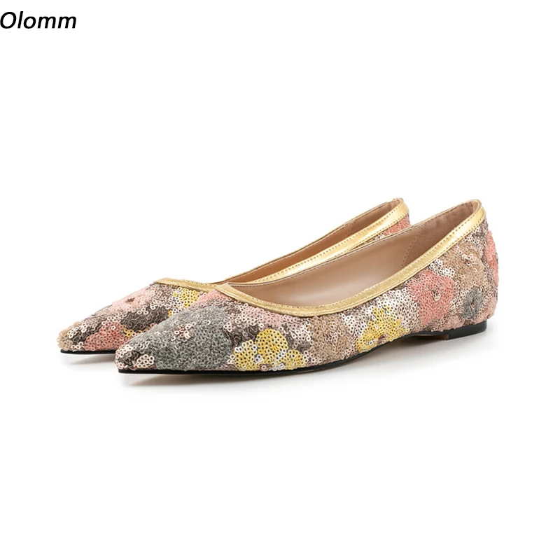 

Olomm New Fashion Women Spring Flats Pointed Toe Flat with Heels Gorgeous Gold Black Banquet Shoes Women US Plus Size 5-13