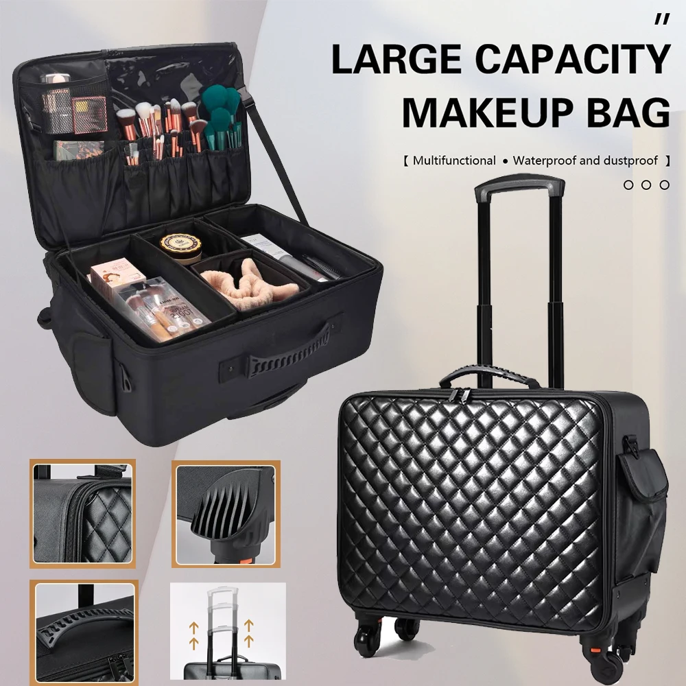 

Travel Makeup Artist Bag with Wheels Cosmetic Brush Storage Beauty Tool Organizer Rolling Suitcase for Artists