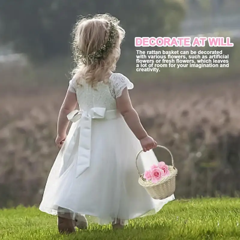White Flower Girls Basket Weaving Wedding Baskets For Flowers Bride/Kids Hand Held Wedding Basket Woven Storage Basket