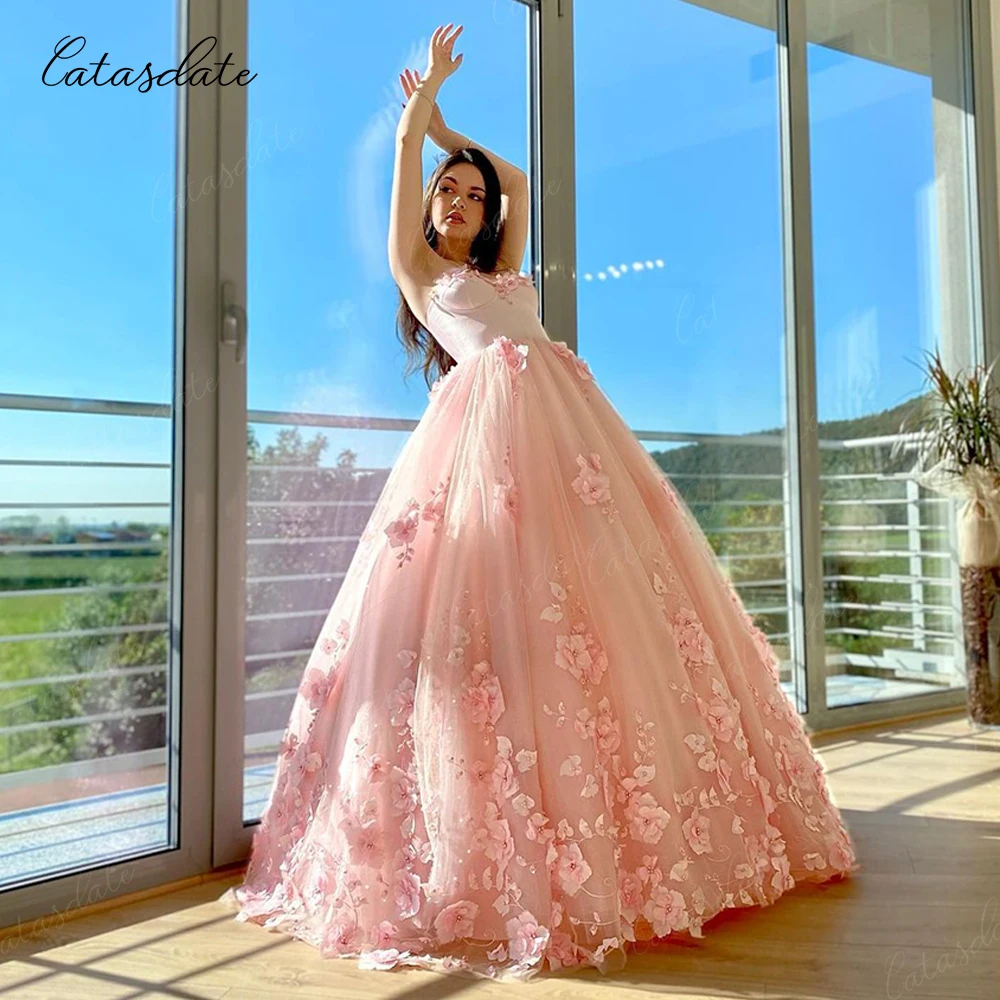 

Catasdate Elegant Evening Dress with Applique Puffy Ball Gown for Coctkail A Line Wedding Ceremony Dress vestido de gala