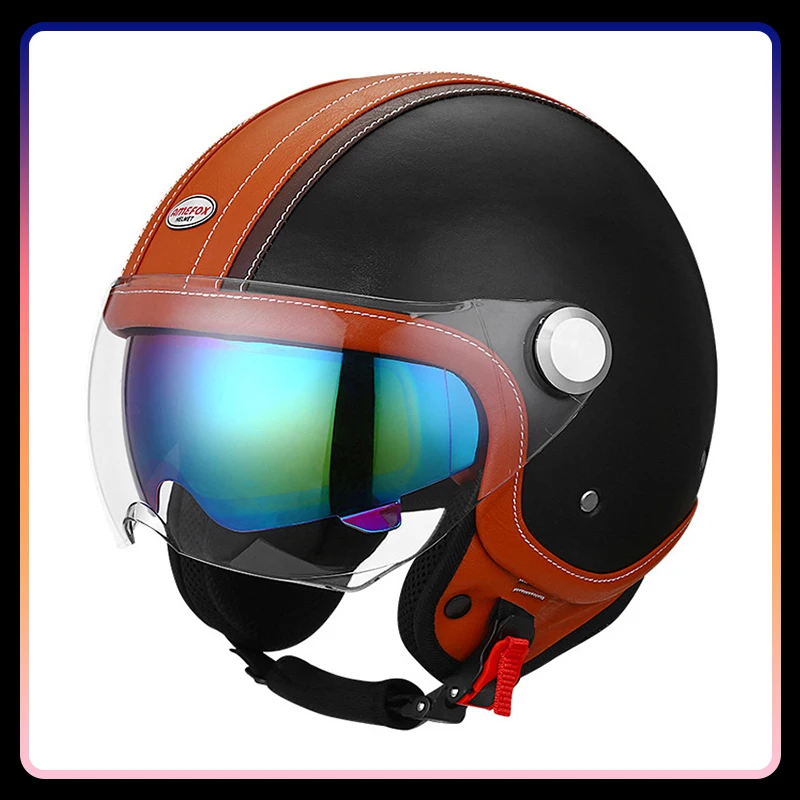 Casco aperto in pelle retrò Caschi da moto con lenti Daul Scooter Curiser DOT ECE Casco jet vintage 3/4 Mezzo casco aperto da uomo