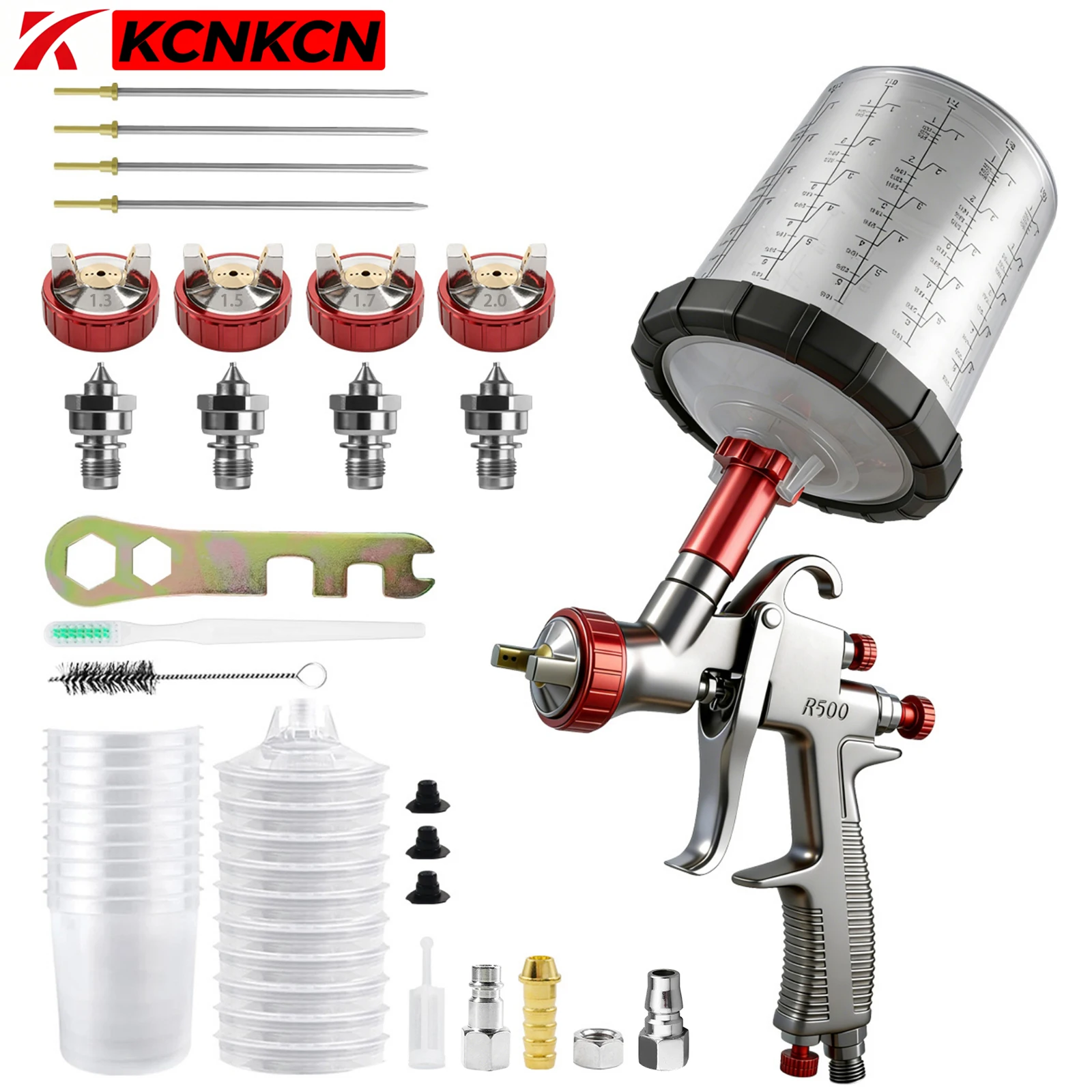 LVLP R500 Spray Gun 1.3/1.5/1.7/2.0mm Nozzle Airbrush 10 x 650ml Disposable Cup Kit Paint Sprayer for Car Furniture DIY Primer