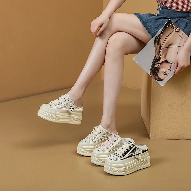 

Womens Lace Mesh Platform Mule Sneakers Slip On Hidden Heel Casual Shoes In Beige Pink Black For Summer Daily Street Style