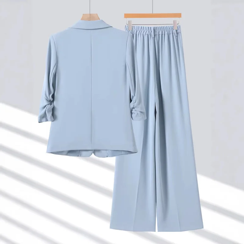 Light blue mid-sleeve blazer with a small suit collar, women's pants, spring, summer, autumn, cross-border trade, commuter profe