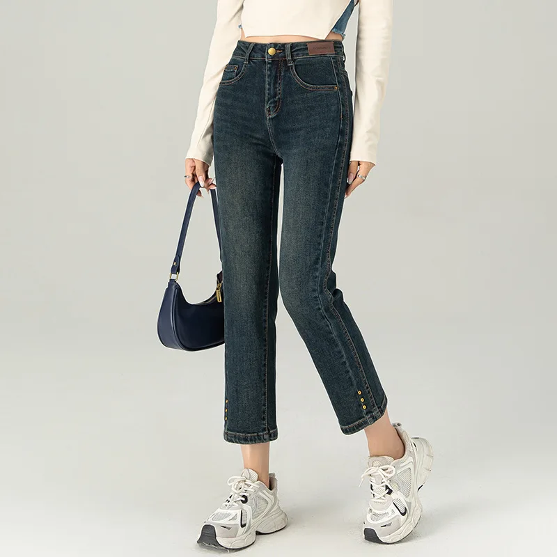 جينز أسود بقصة ضيقة للنساء، سروال قصير جديد للتخسيس عالي الخصر للخريف، بنطلون متعدد الاستخدامات