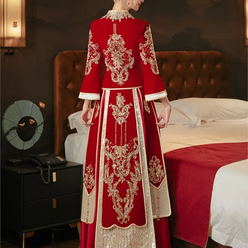 Bridal New Chinese Style Wedding Clothes Toast Dress Velvet Women