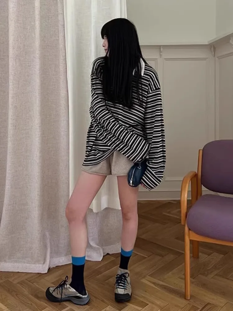 Retro Loose Long Sve Ne Gestreiftes T-Shirt Color Blo Casual Sle Damen Faion Sweet Fre Match All Long Sve Top