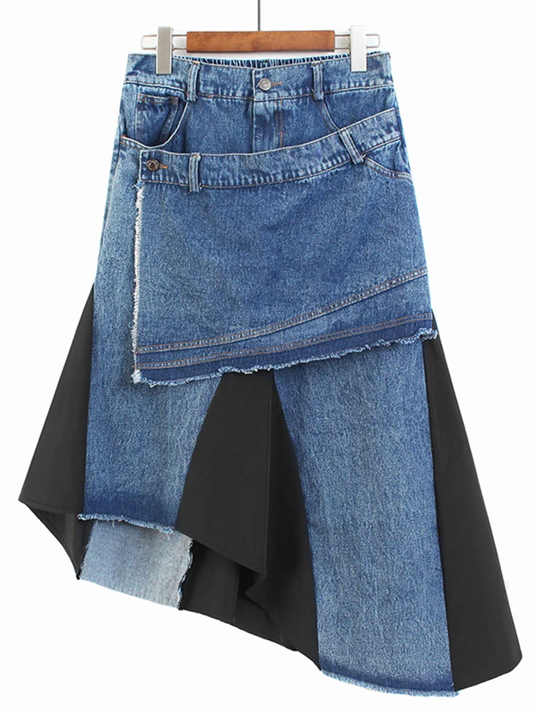 [EWQ] Irregular Denim Skirt 2024 Summer Personality High Waist Loose Streetwear Mid Length Midi Skirts Y2k Ruffle Hem Clothes