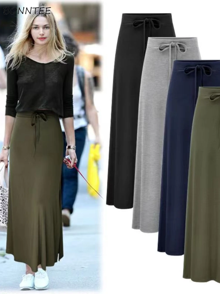 

4 Colors Long Skirts for Women Simple Vintage Side-slit Design Temper European Style A-line Faldas Sexy Mujer Versatile Ladies