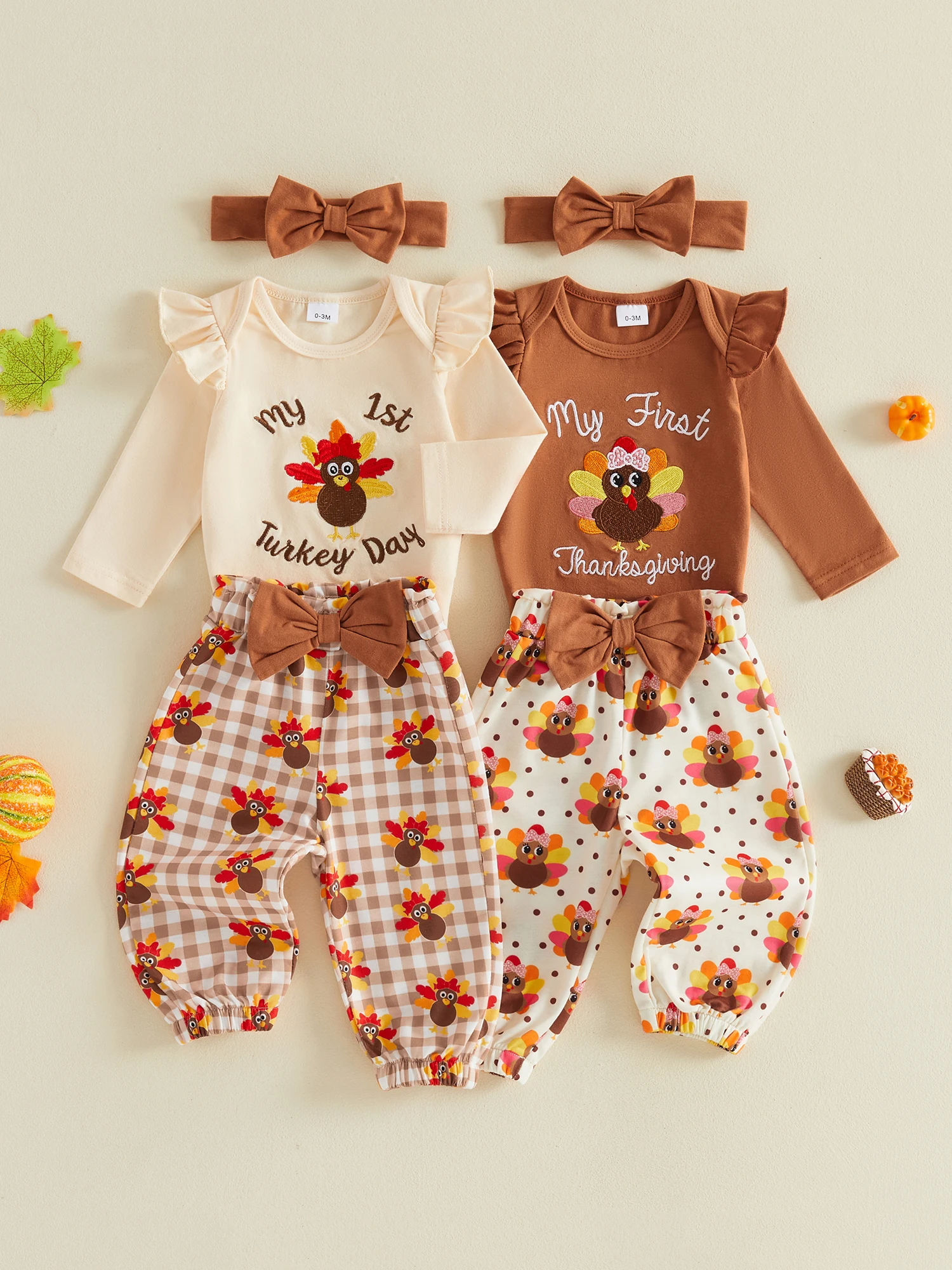 Romper Pants Girl Thanksgiving Outfit Pants- -Headband Outfit Baby Girl Outfit Turkey Embroidery Embroidery Romper Pants