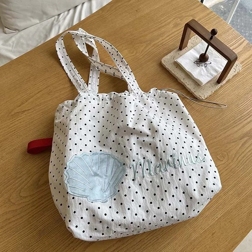 

Intricate Needlework Polka Dot Tote Bag Ultra-Lightweight Construction Spacious Main Compartment Floral Embroidered Pouch