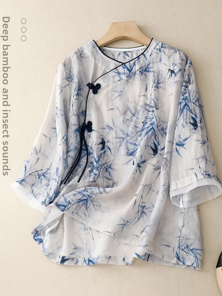 

Retro Bamboo Leaf Print Women's Shirt Cotton Linen Blend Slimming Modified Tea Costume Top Summer Thin Cotton Linen Shirt