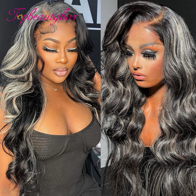 Lace Frontal Wigs Black Grey Highlight Wig 180 Density Wavy 13X4 Lace Front Wig Highlight Colored Human Hair Wigs Brazilian Remy