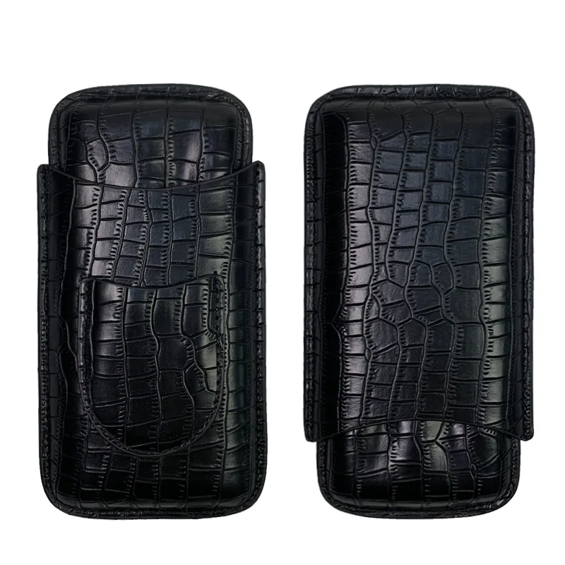 Black Leather Cigar Travel Case, Holder for 3 Cigars with Cutter Set for Golf Cart or Travel(Random Tool Shape)
